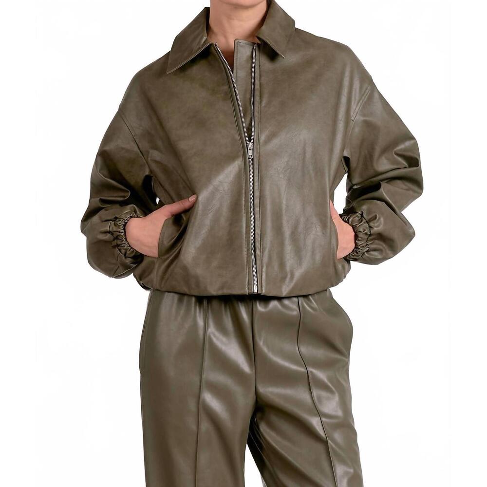 NEW ELAN classic bomber leather jacket in pine green
